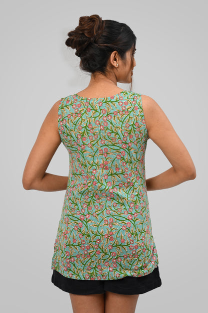 Green Floral Cotton Printed Sleeveless Kurti