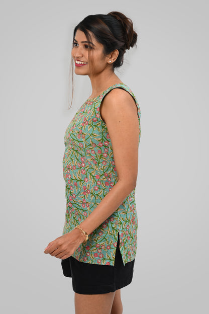 Green Floral Cotton Printed Sleeveless Kurti