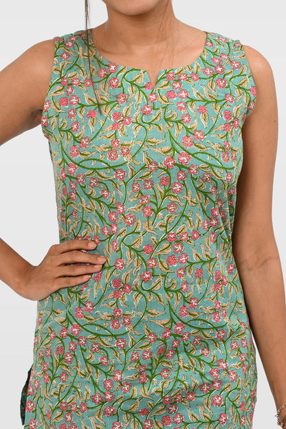 Green Floral Cotton Printed Sleeveless Kurti
