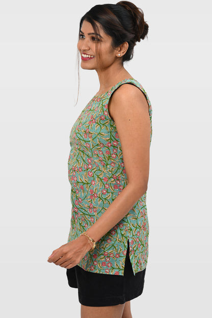 Green Floral Cotton Printed Sleeveless Kurti