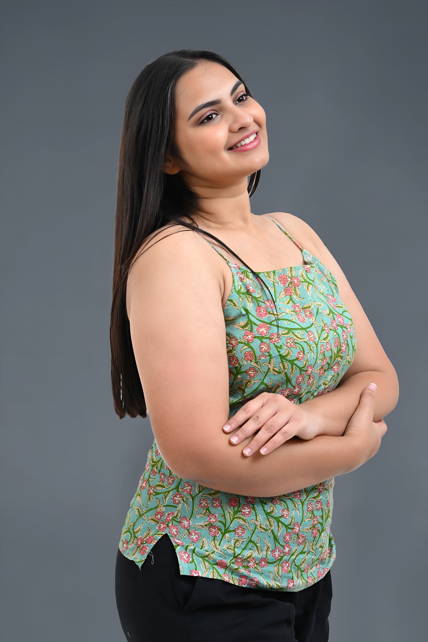 Green Floral Cotton Printed Strap Top