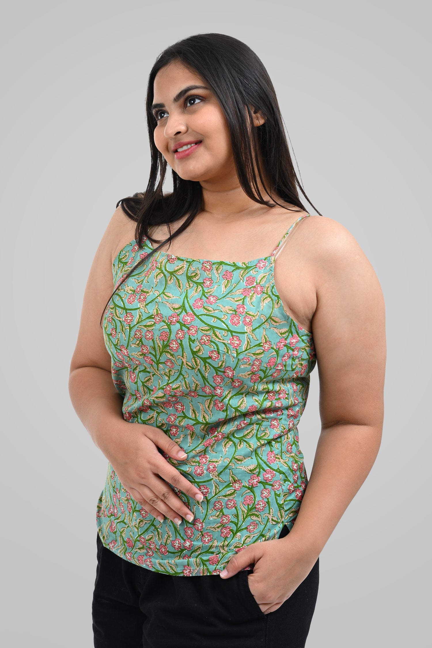 Green Floral Cotton Printed Strap Top