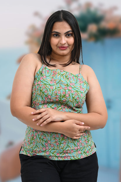 Green Floral Cotton Printed Strap Top