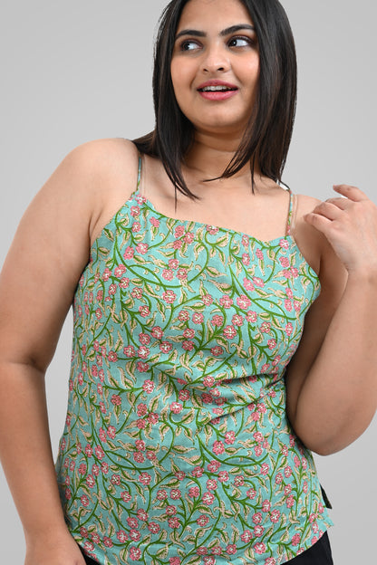 Green Floral Cotton Printed Strap Top