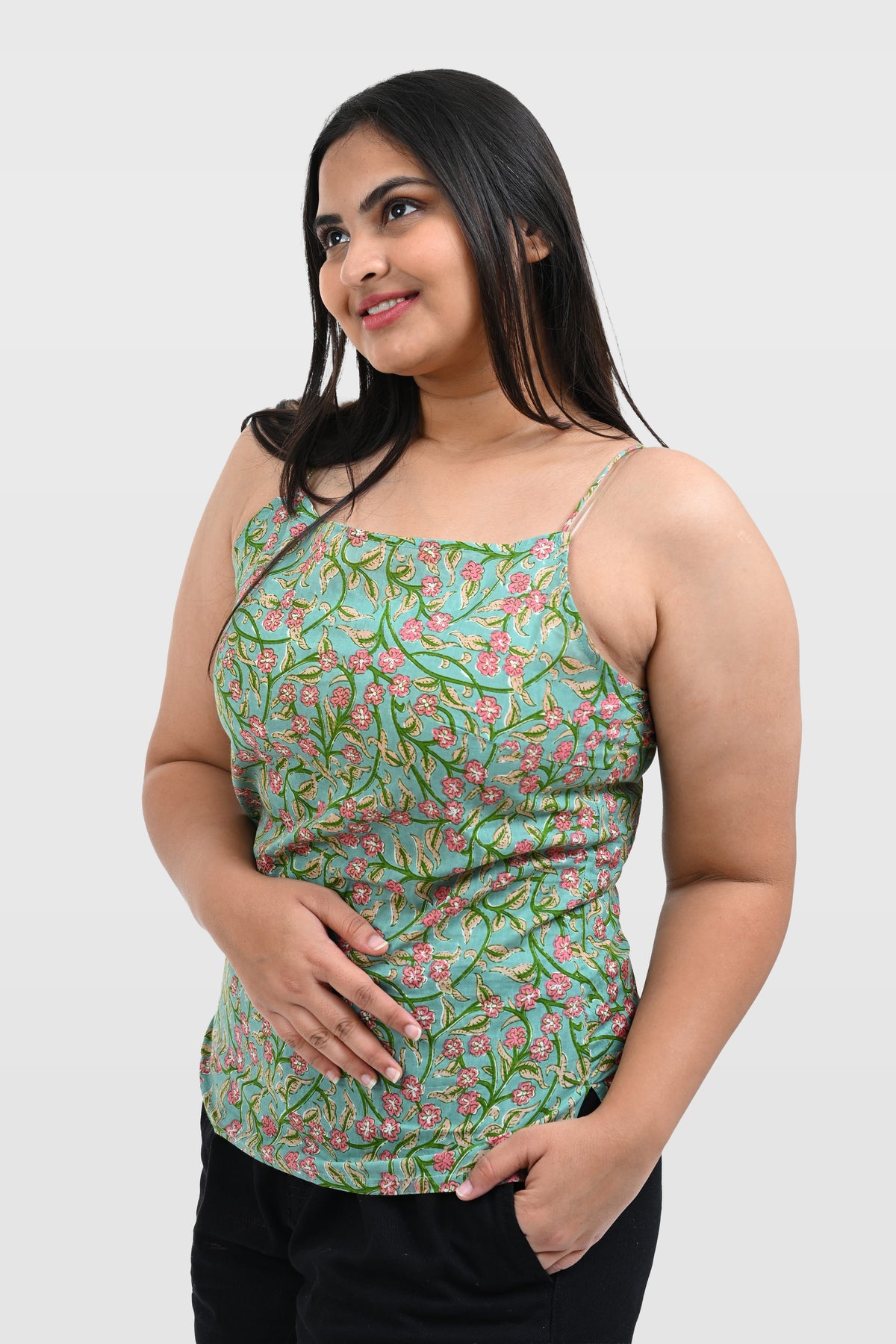 Green Floral Cotton Printed Strap Top