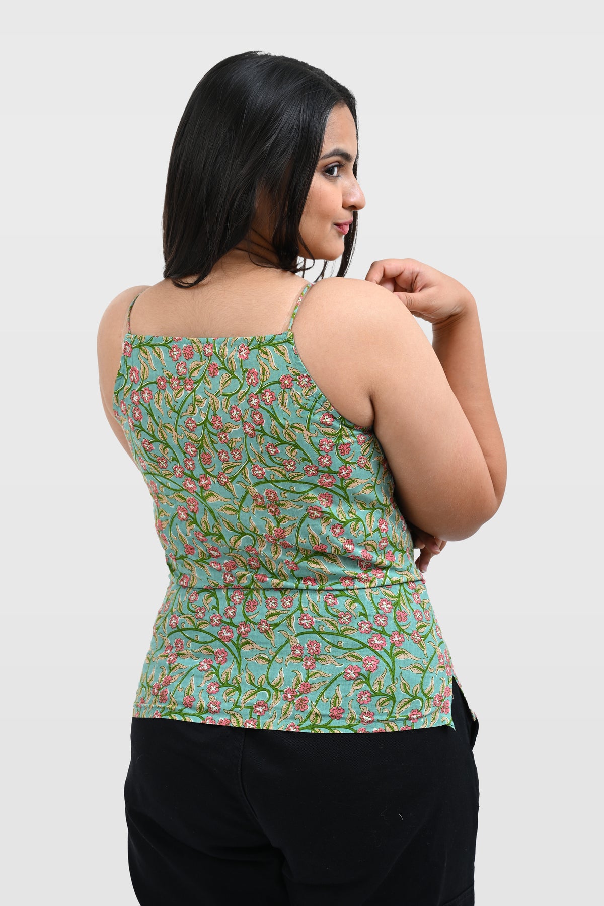 Green Floral Cotton Printed Strap Top