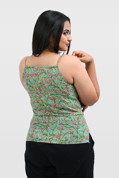 Green Floral Cotton Printed Strap Top