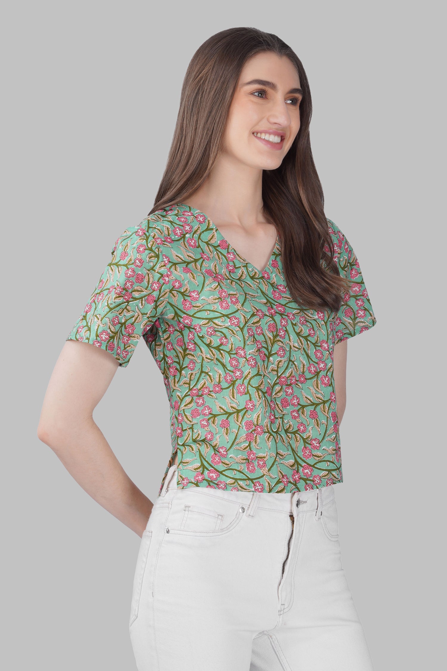 Green Floral V Neck Cotton Printed Top