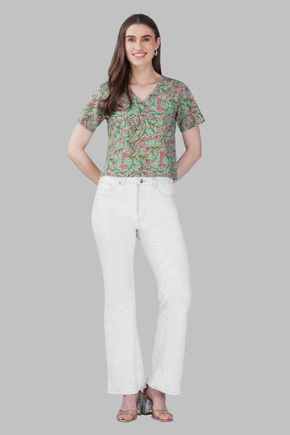 Green Floral V Neck Cotton Printed Top