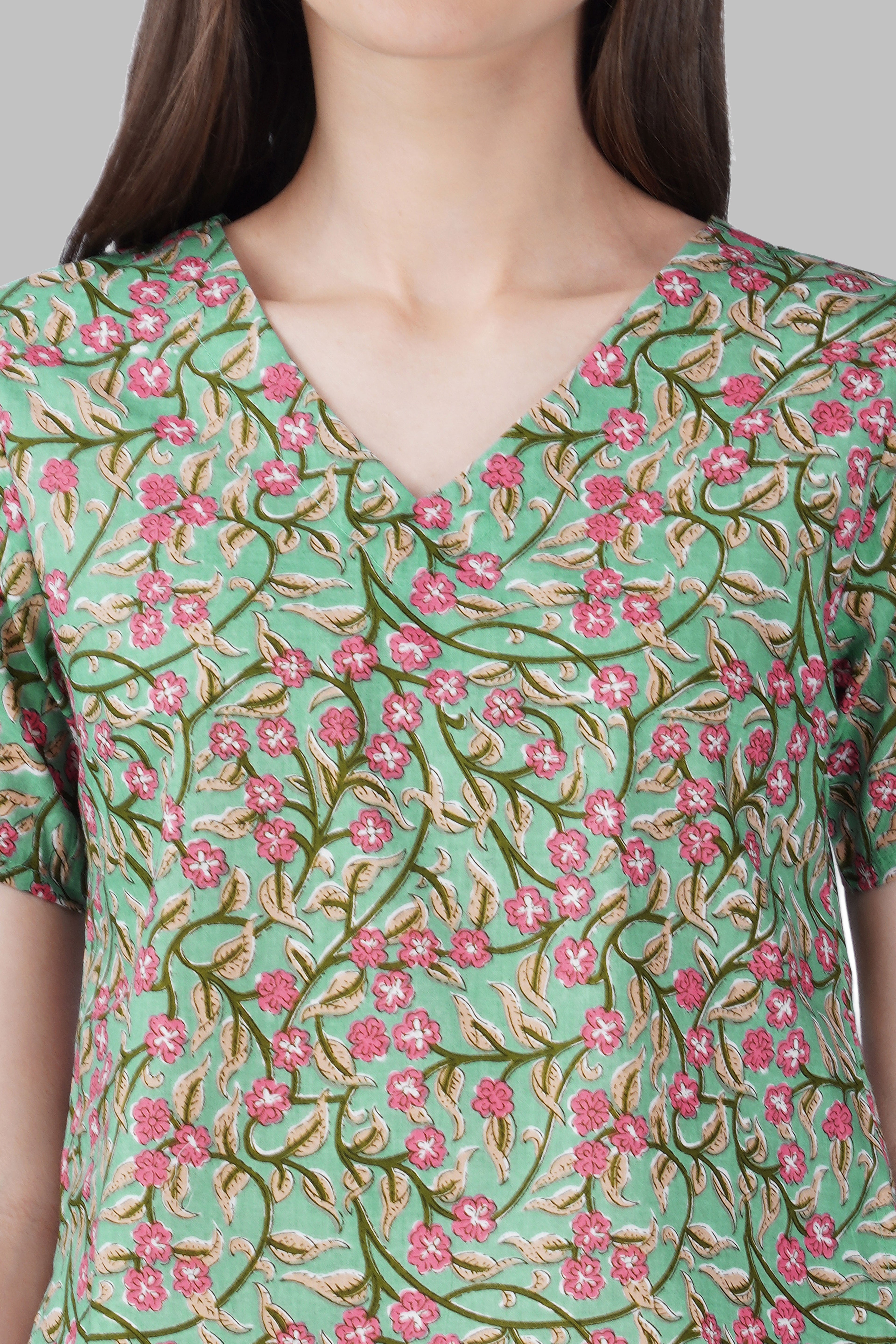 Green Floral V Neck Cotton Printed Top