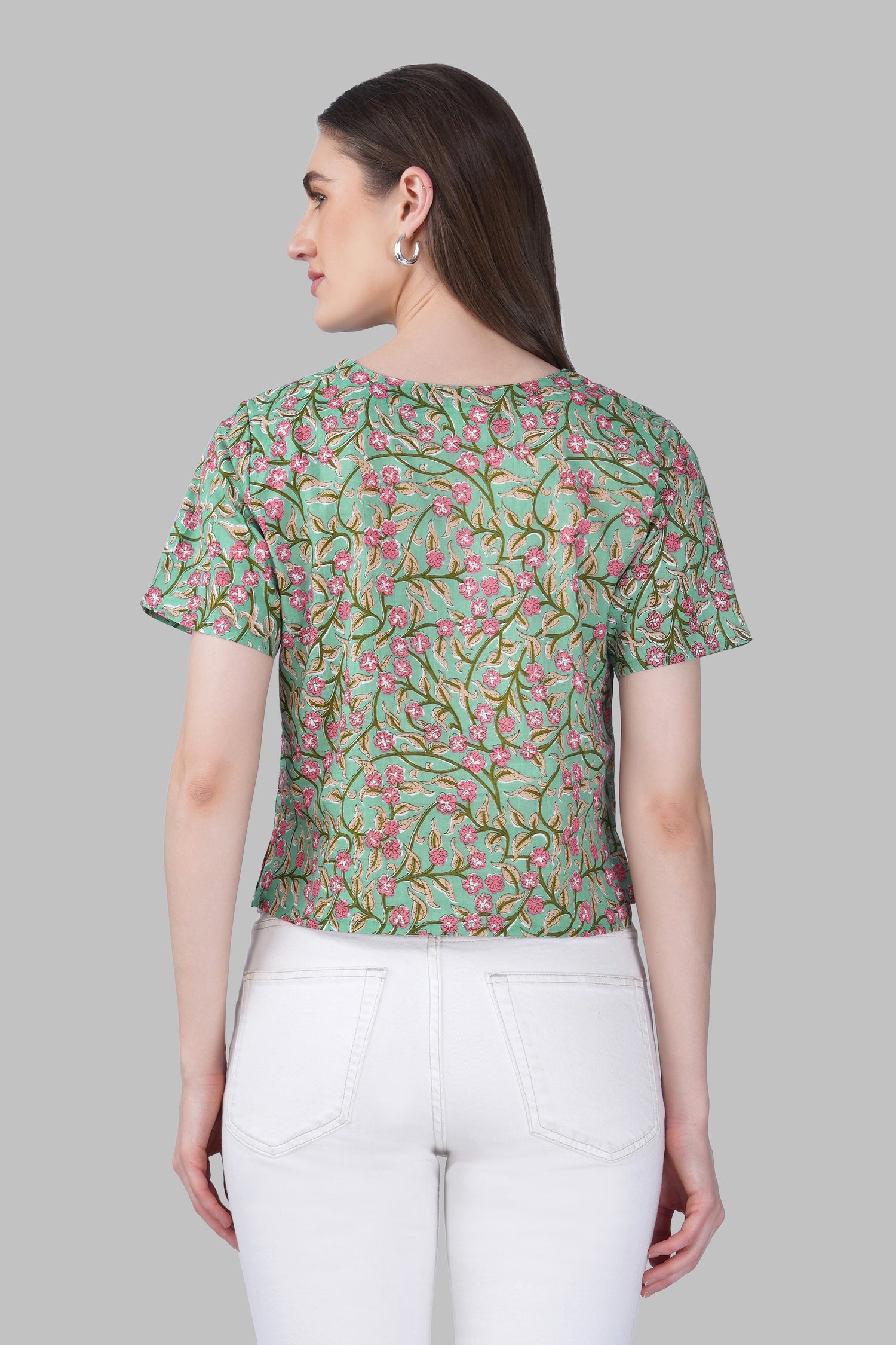 Green Floral V Neck Cotton Printed Top