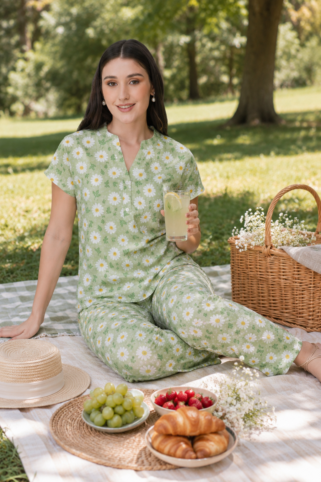 Green Notch Collar Cotton Printed Pyjama Set
