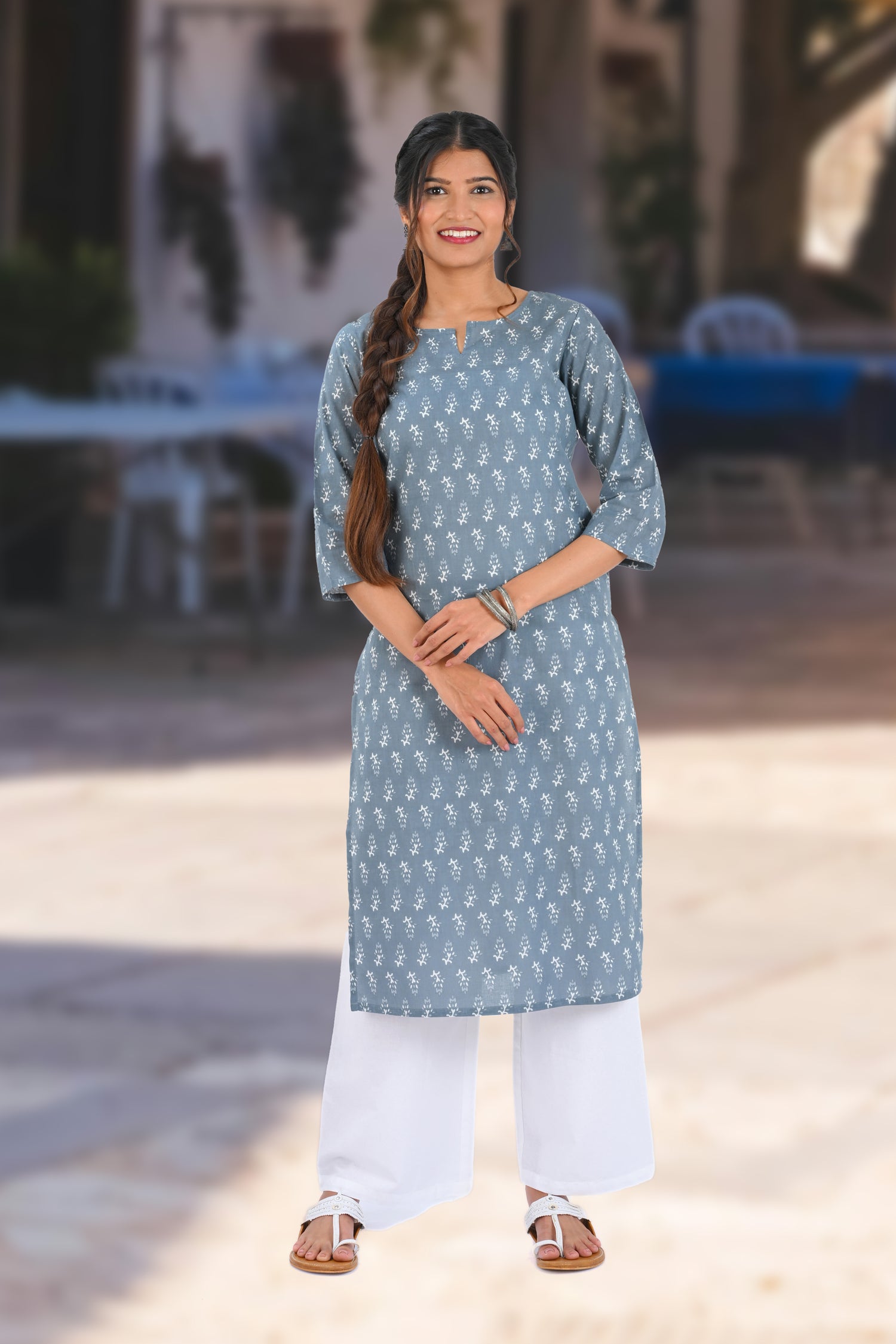 Grey Cotton Printed Long Kurta