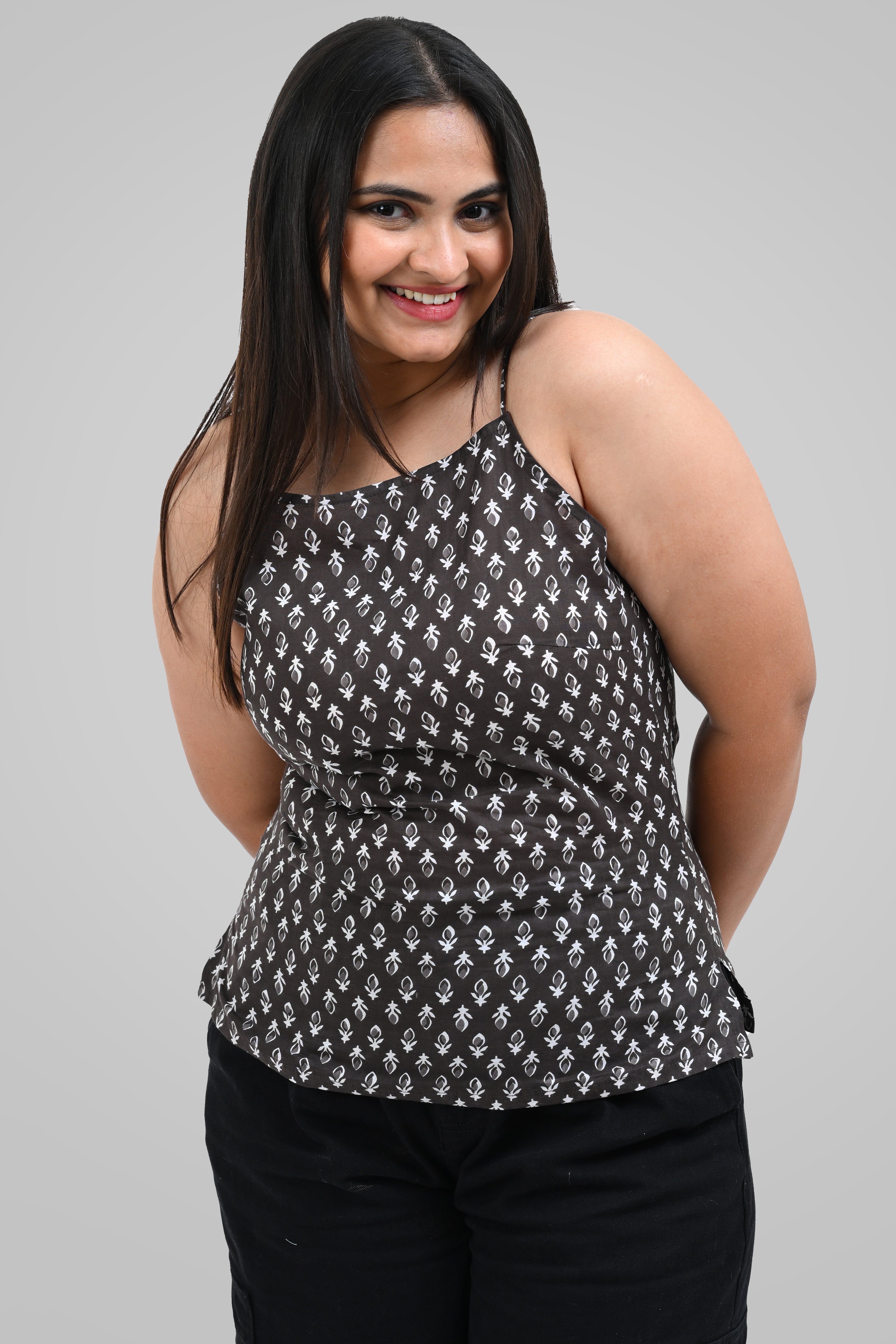 Grey Cotton Printed Strap Top