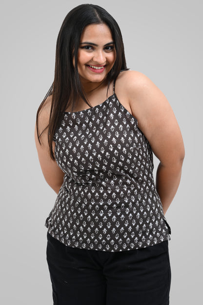 Grey Cotton Printed Strap Top