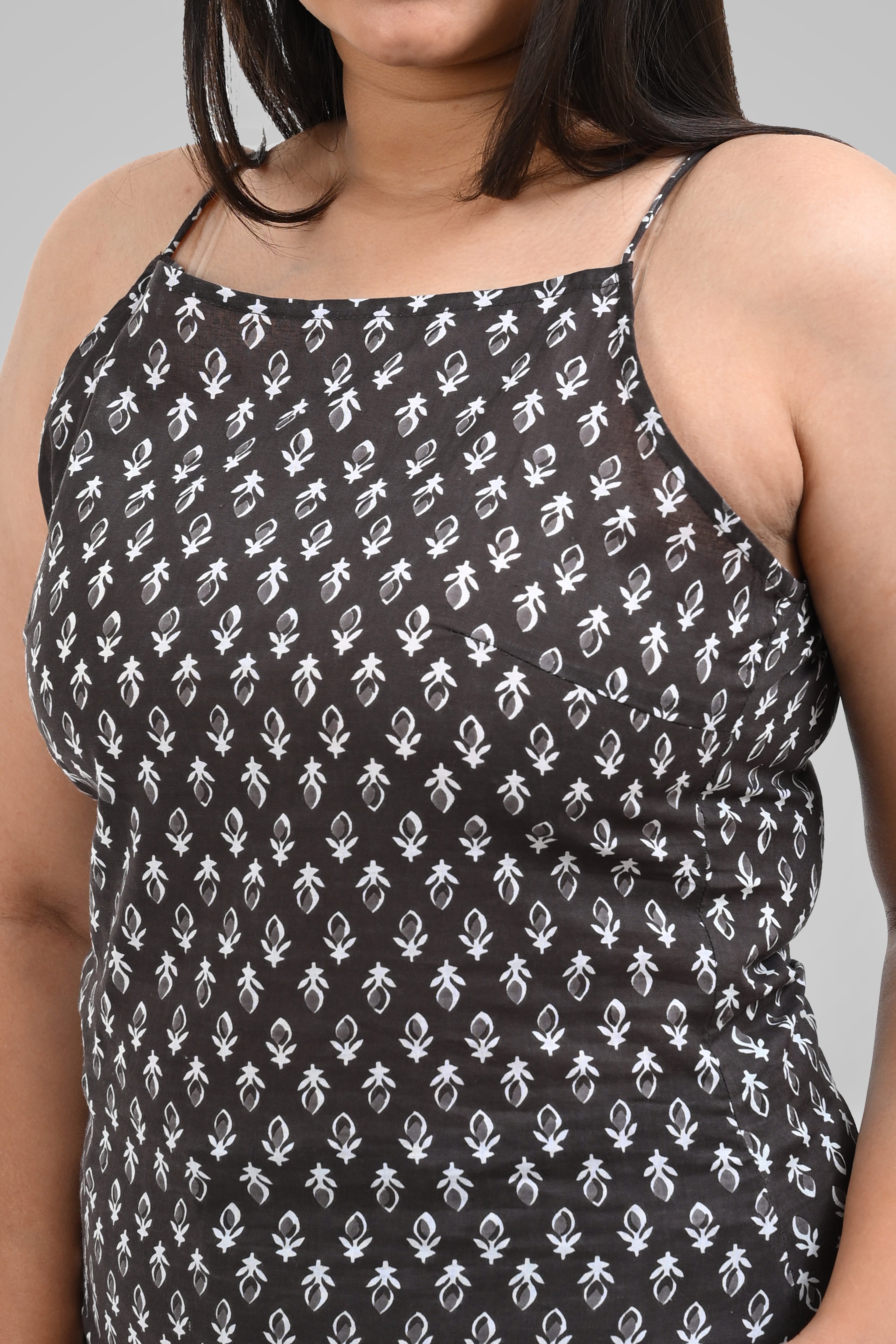 Grey Cotton Printed Strap Top