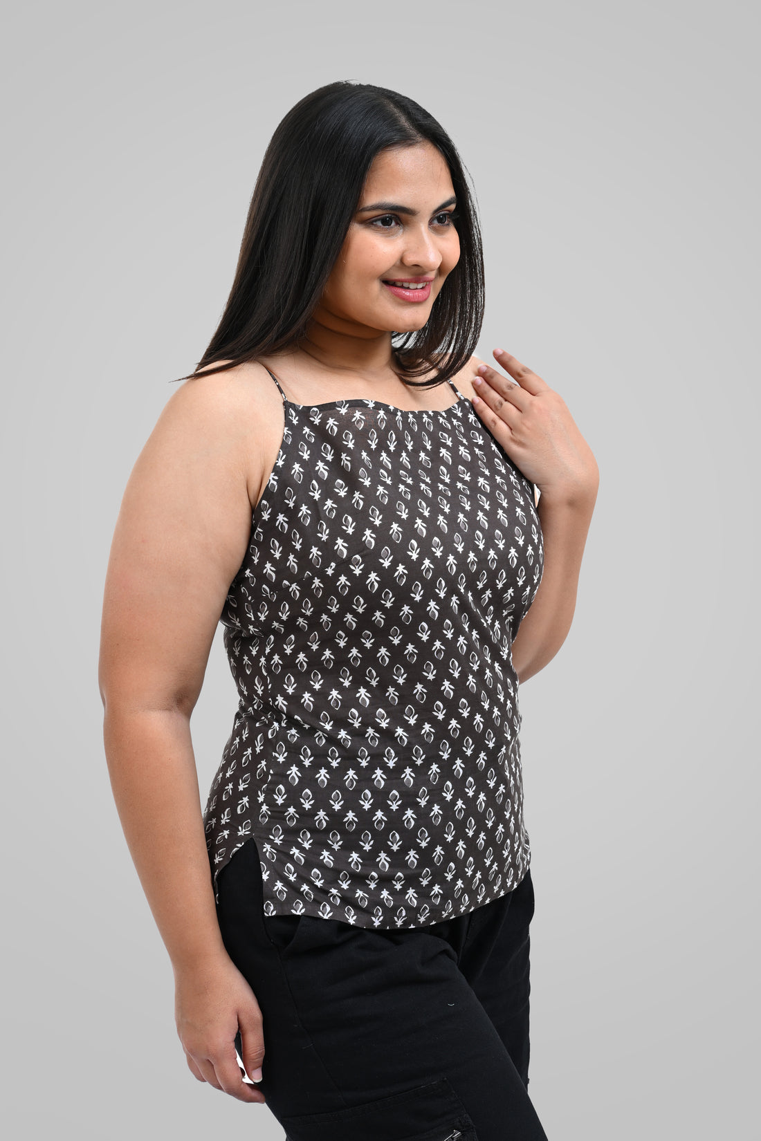 Grey Cotton Printed Strap Top