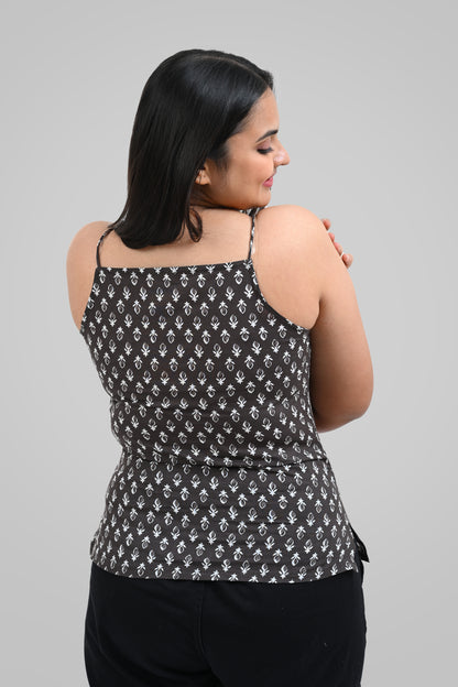 Grey Cotton Printed Strap Top