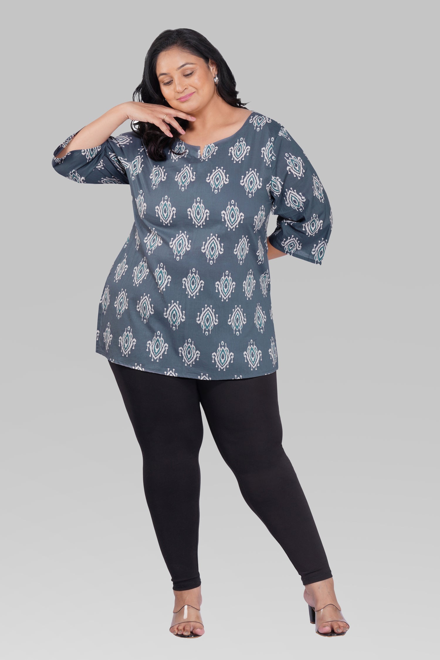 Grey Plus Size Cotton Printed Kurti