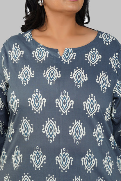 Grey Plus Size Cotton Printed Kurti