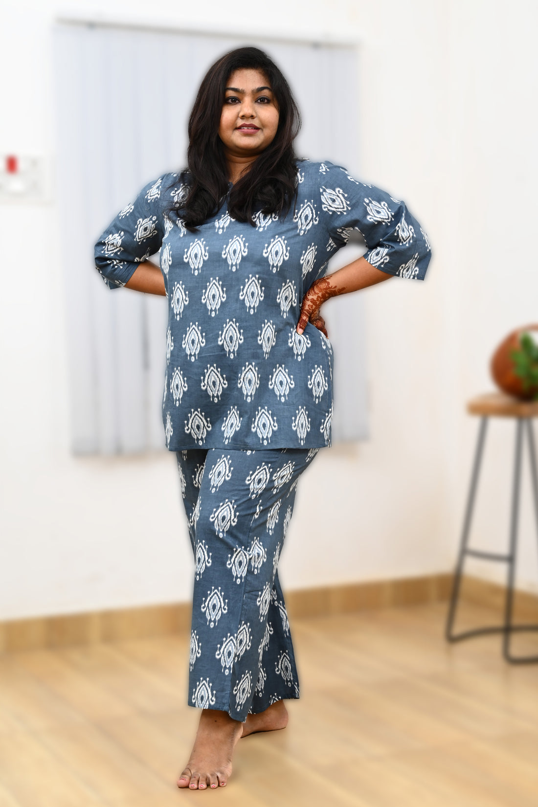 Grey Plus Size Cotton Printed Pyjama Set
