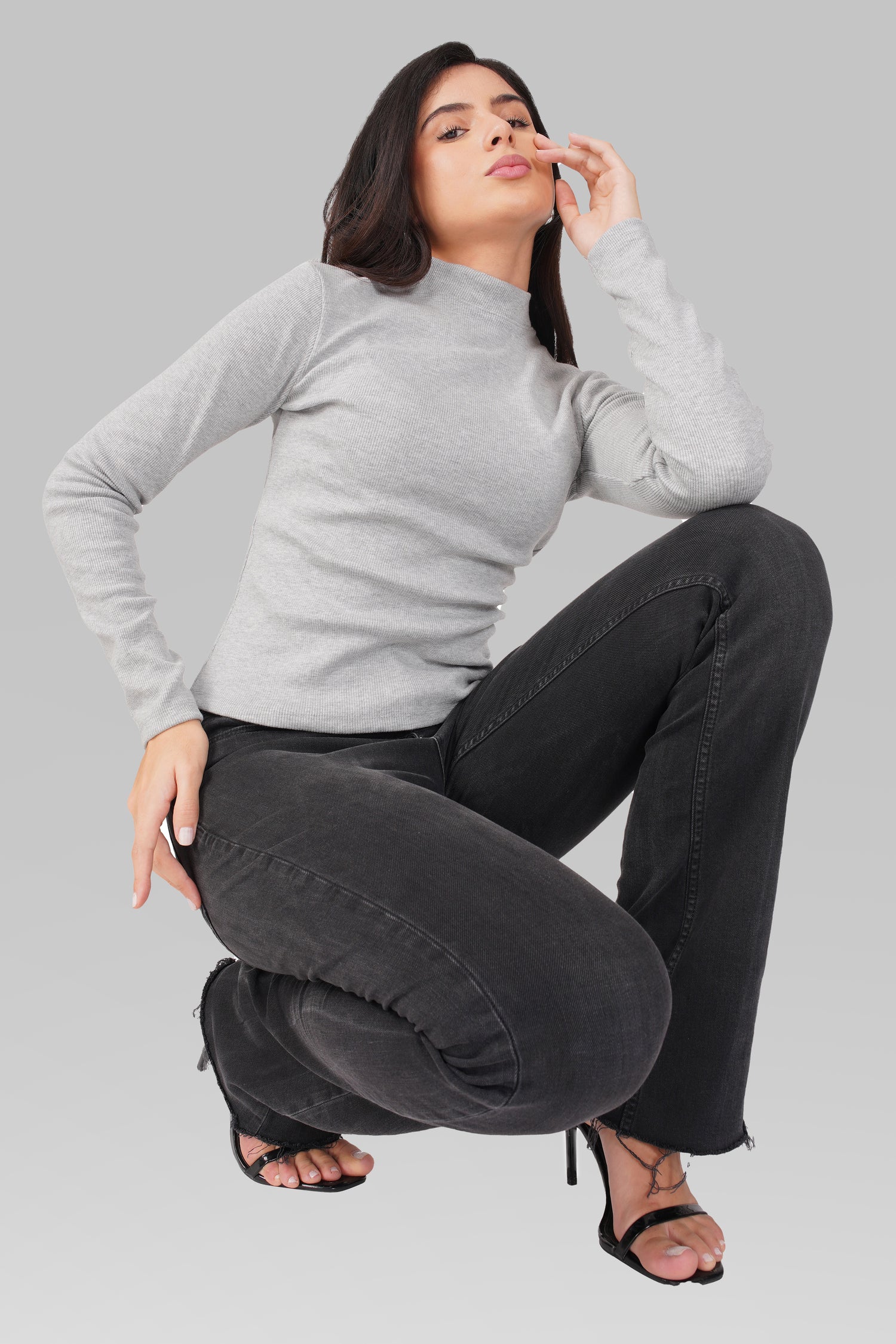 Grey Ribbed Mock Neck Long Sleeve Top