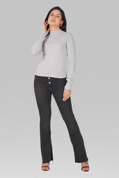 Grey Ribbed Mock Neck Long Sleeve Top