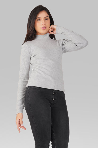 Grey Ribbed Mock Neck Long Sleeve Top