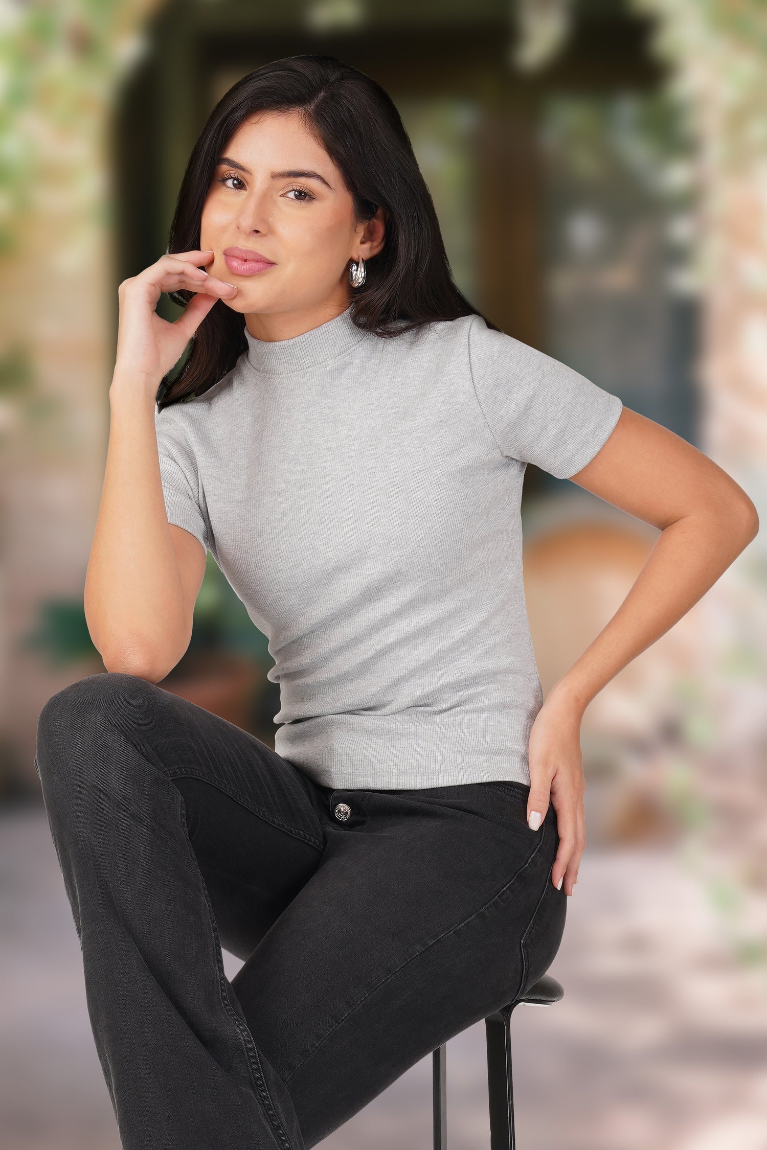 Grey Ribbed Mock Neck Short Sleeve Top