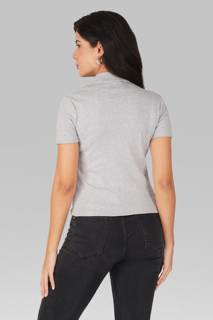 Grey Ribbed Mock Neck Short Sleeve Top