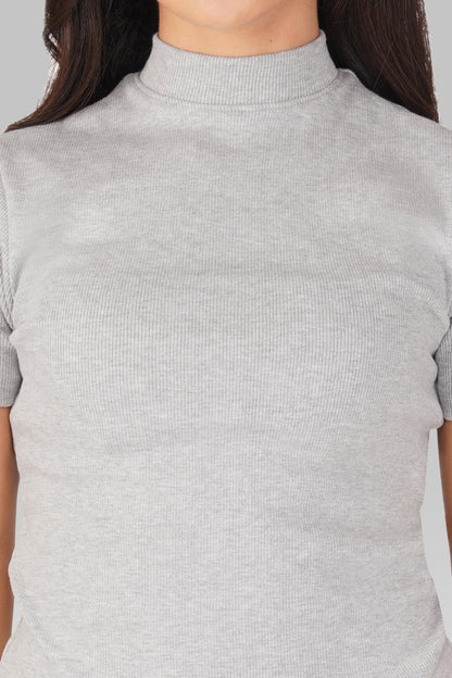 Grey Ribbed Mock Neck Short Sleeve Top