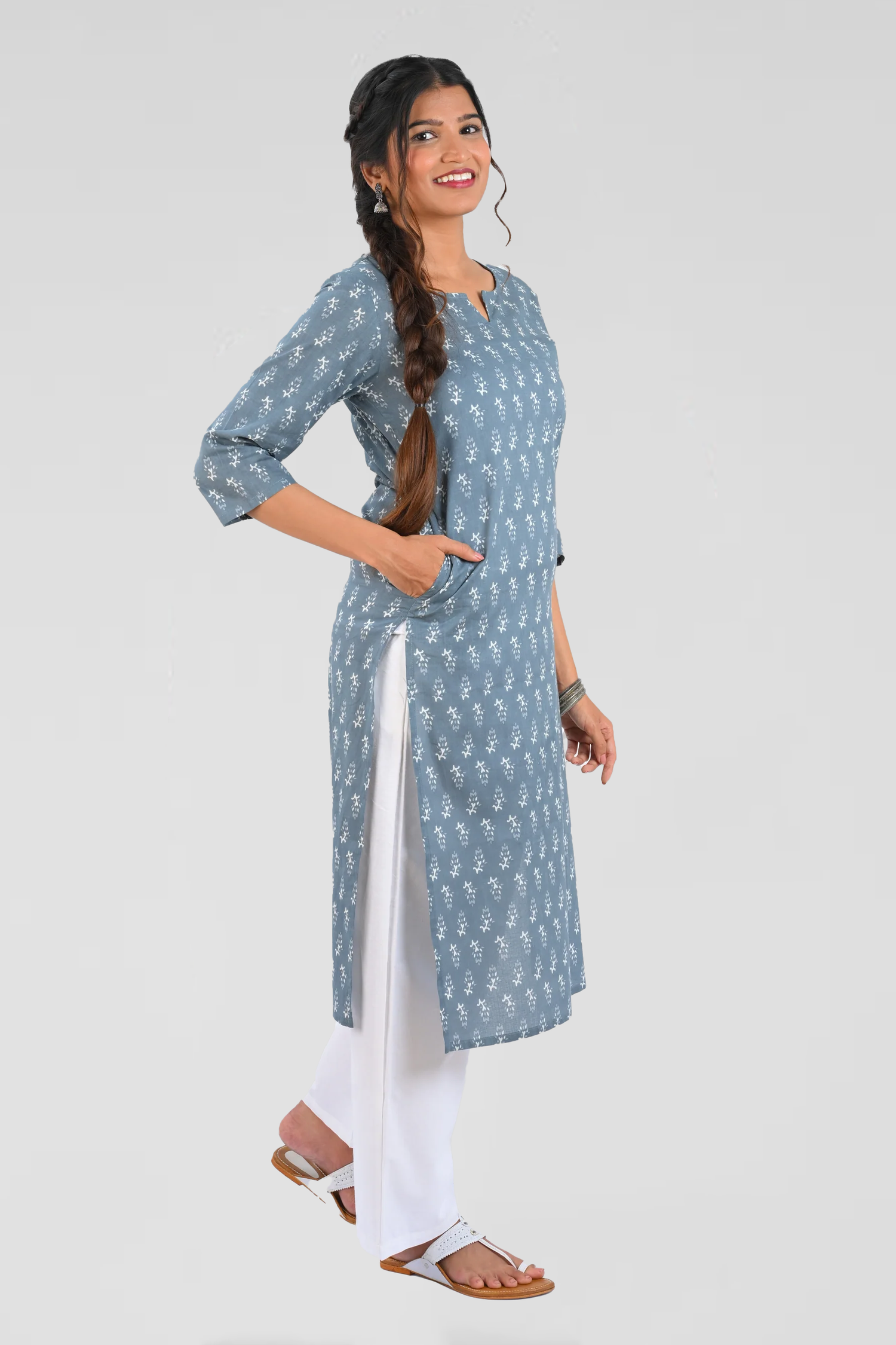 Grey Cotton Printed Long Kurta