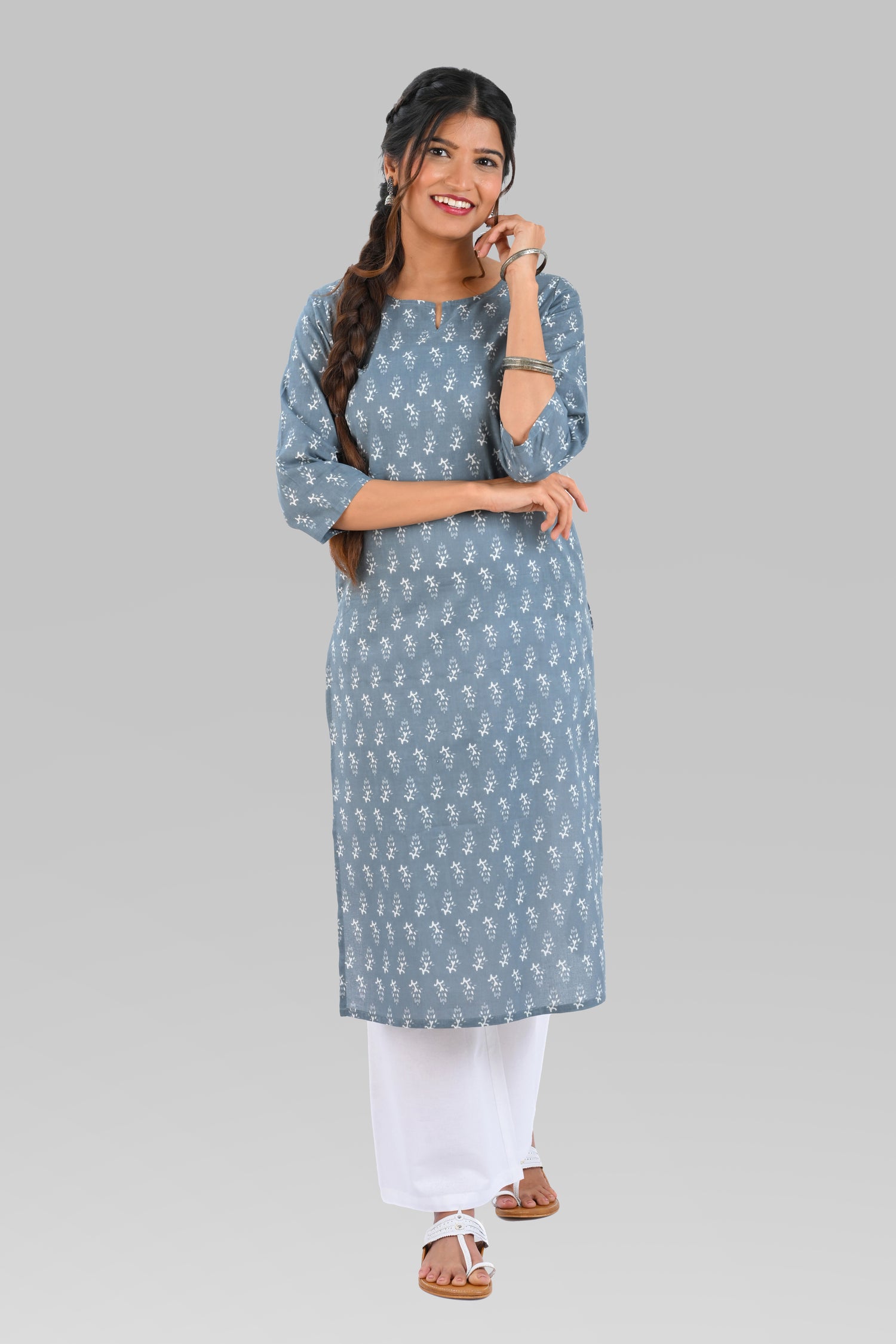 Grey Cotton Printed Long Kurta