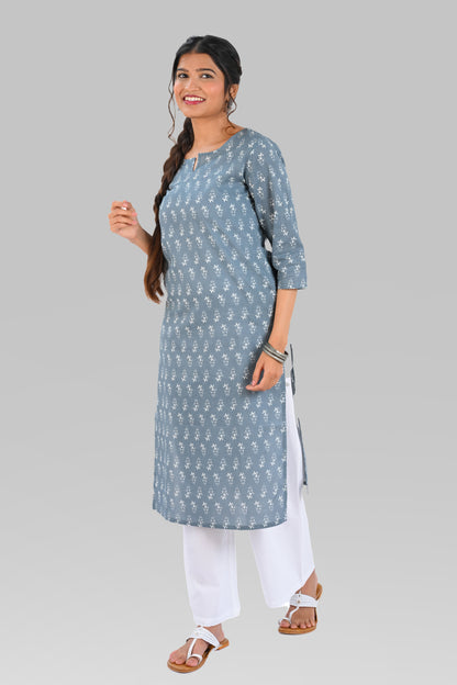 Grey Cotton Printed Long Kurta