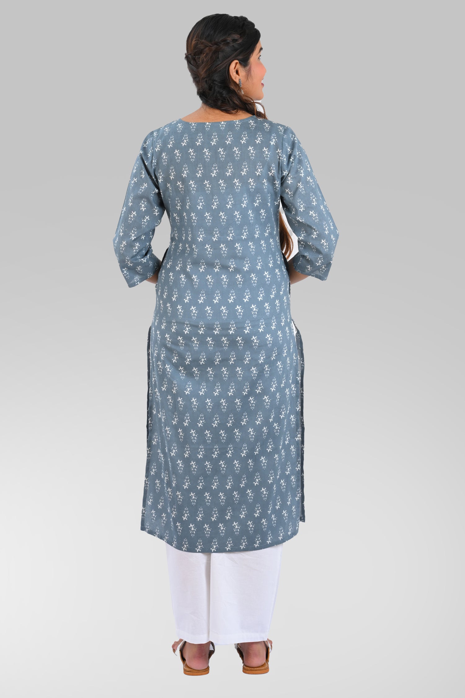 Grey Cotton Printed Long Kurta