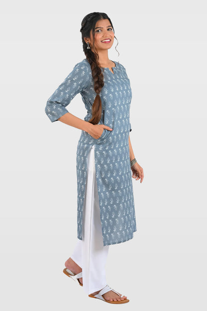 Grey Cotton Printed Long Kurta