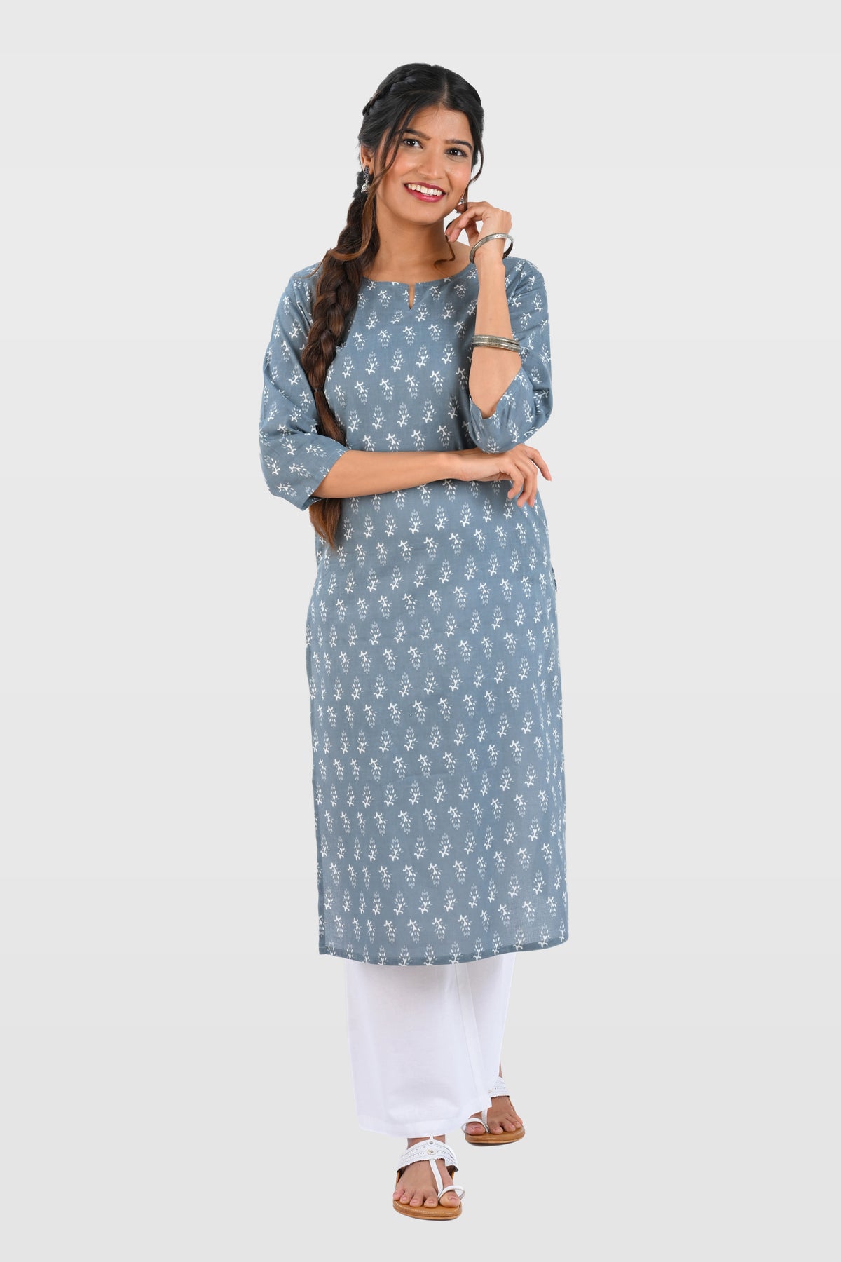 Grey Cotton Printed Long Kurta