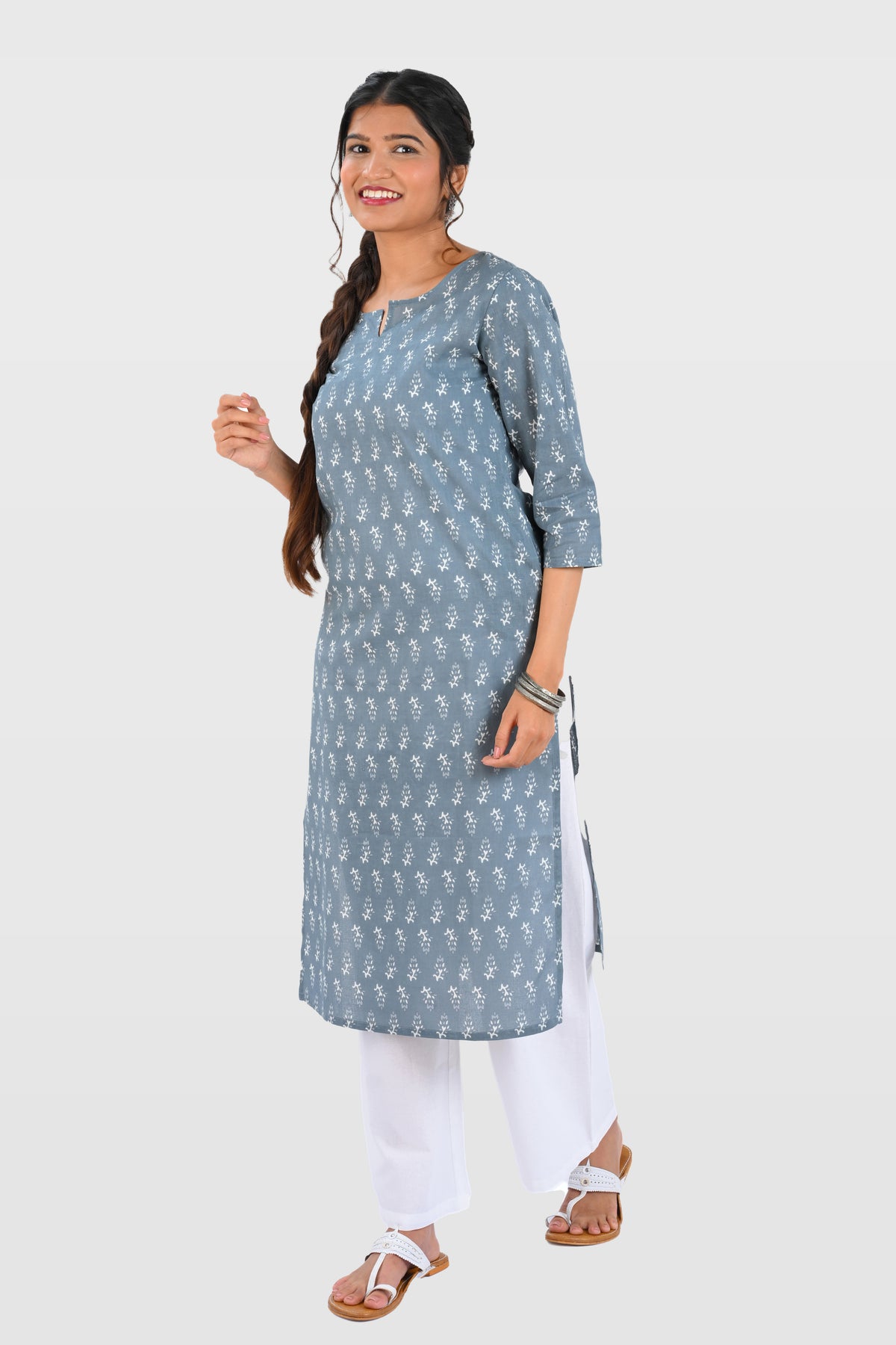 Grey Cotton Printed Long Kurta