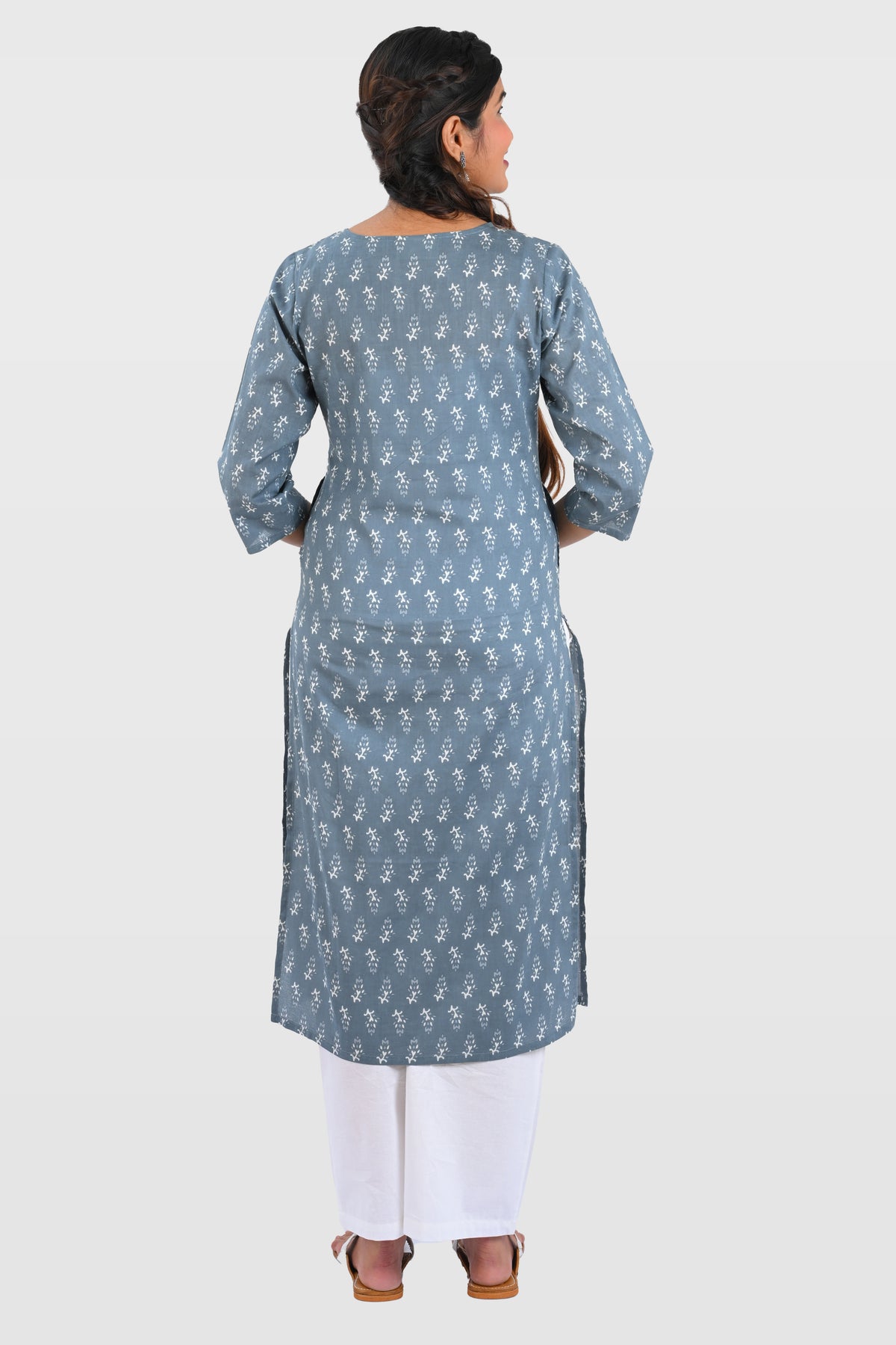 Grey Cotton Printed Long Kurta