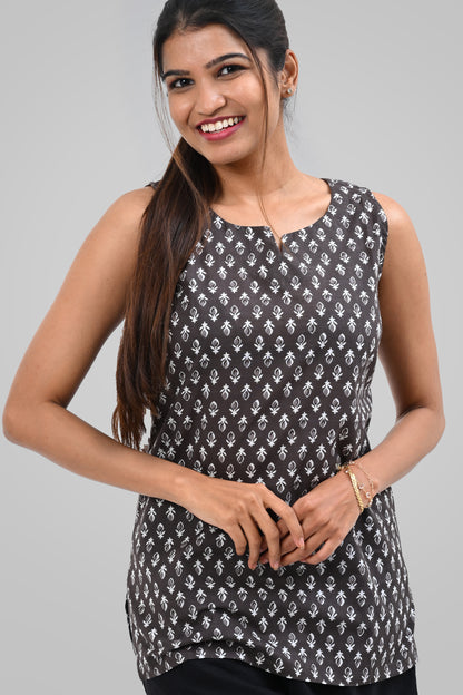 Grey Cotton Printed Sleeveless Kurti