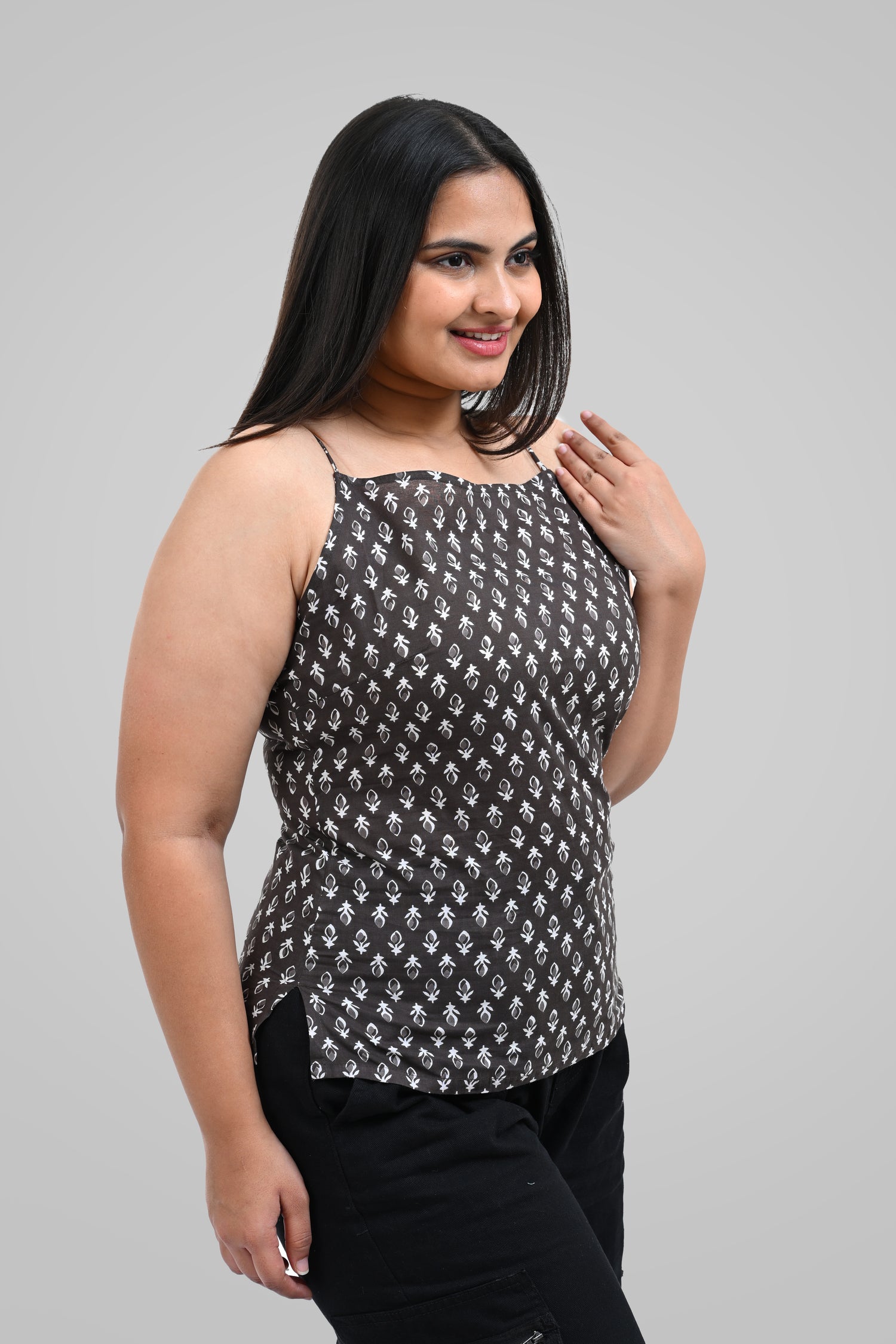 Grey Cotton Printed Strap Top