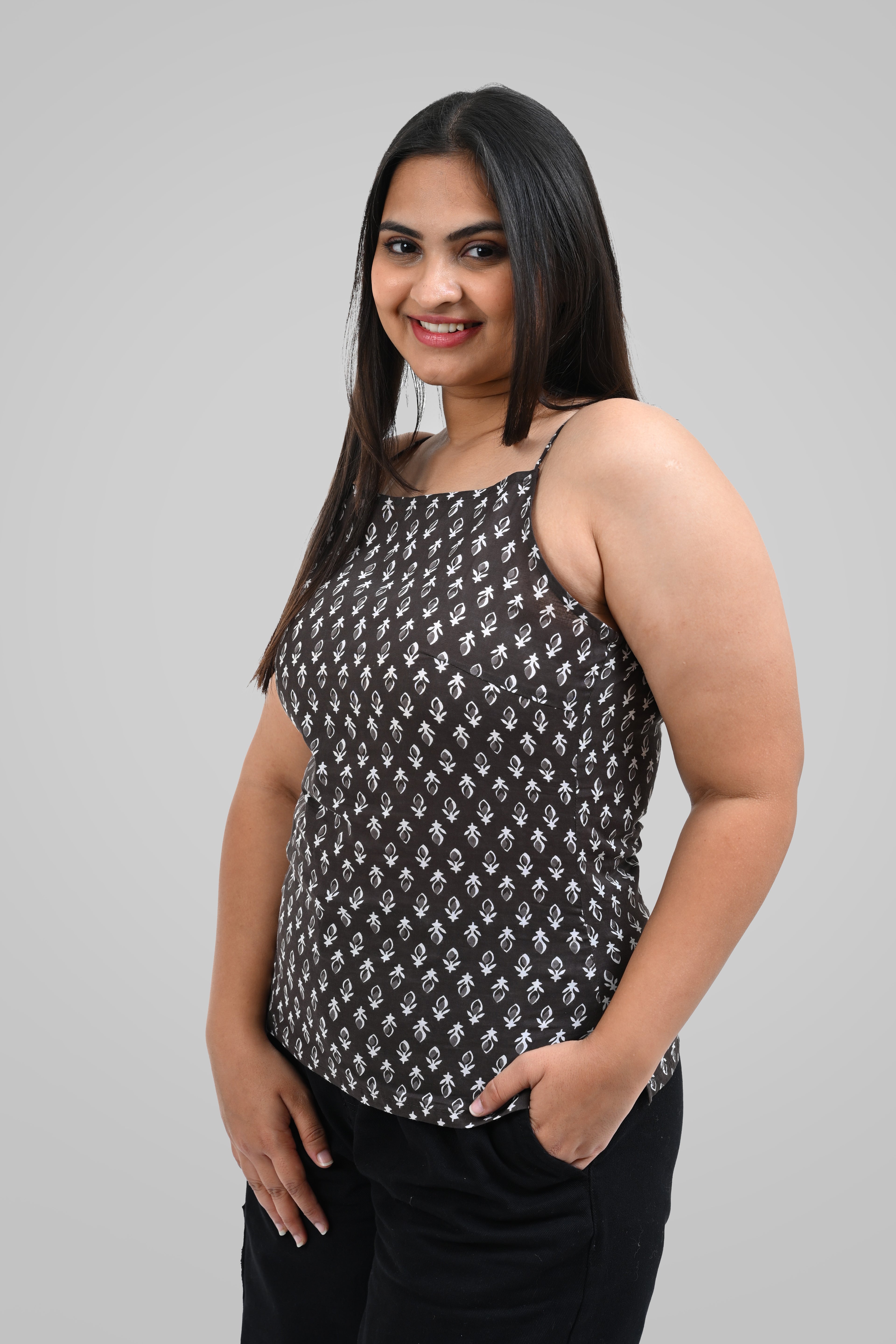 Grey Cotton Printed Strap Top