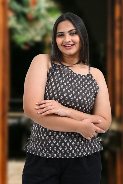 Grey Cotton Printed Strap Top