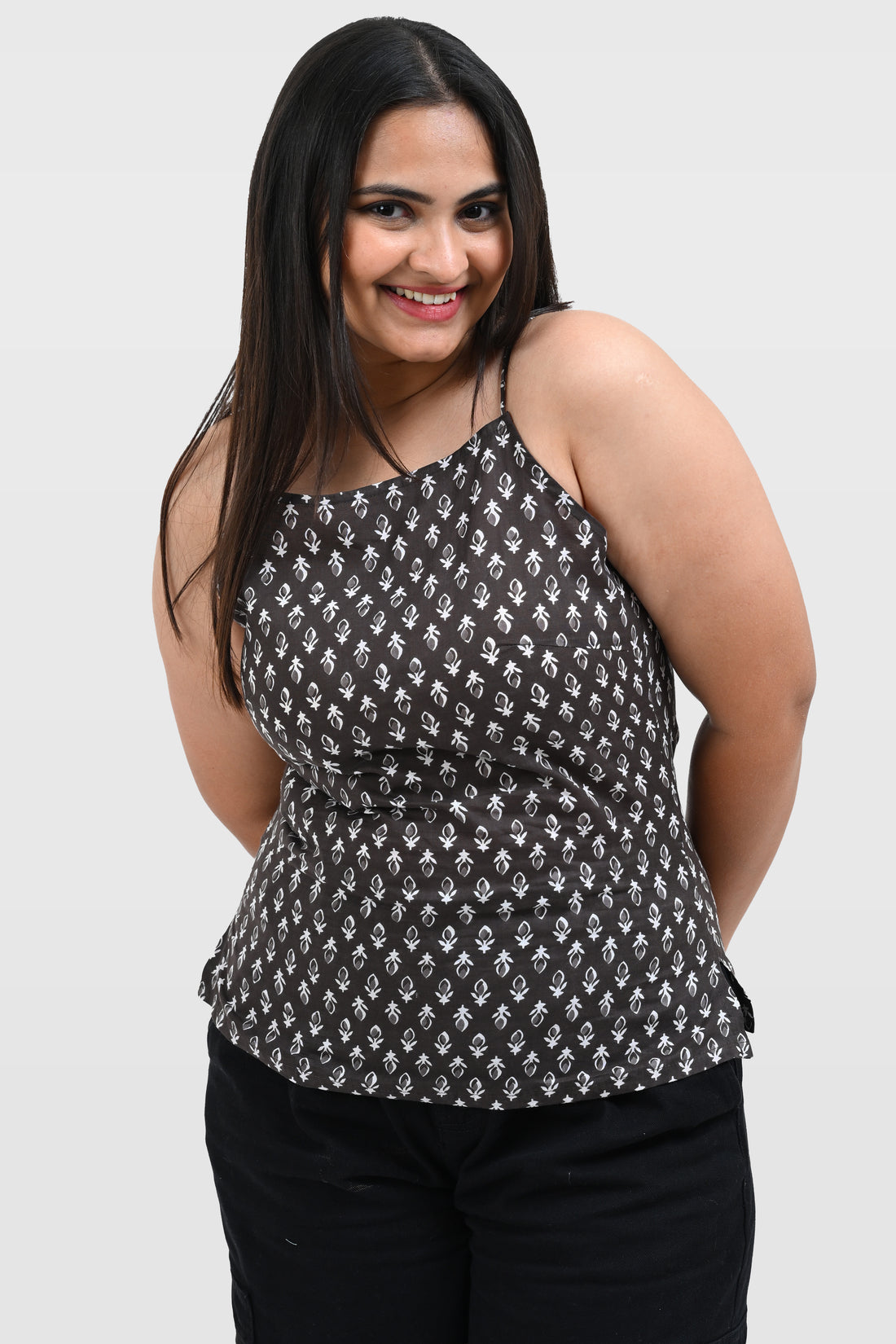 Grey Cotton Printed Strap Top