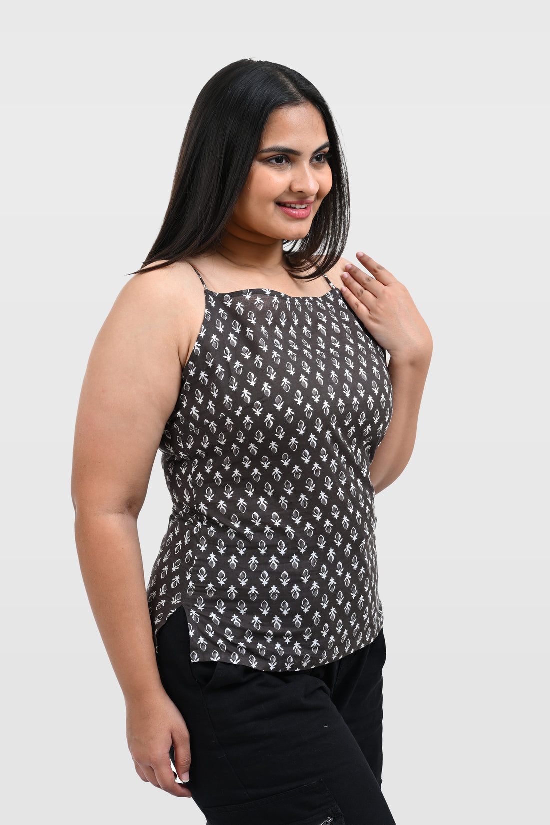 Grey Cotton Printed Strap Top