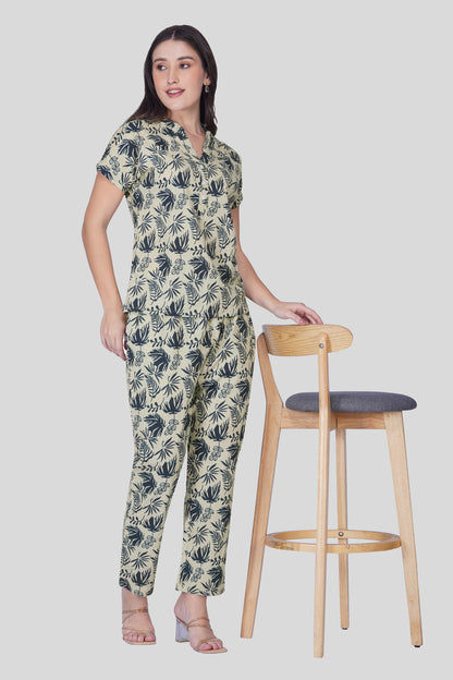 Grey Notch Collar Cotton Printed Pyjama Set