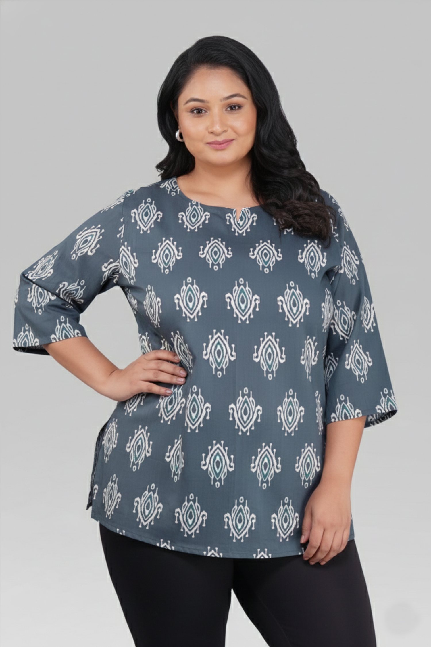 Grey Plus Size Cotton Printed Kurti