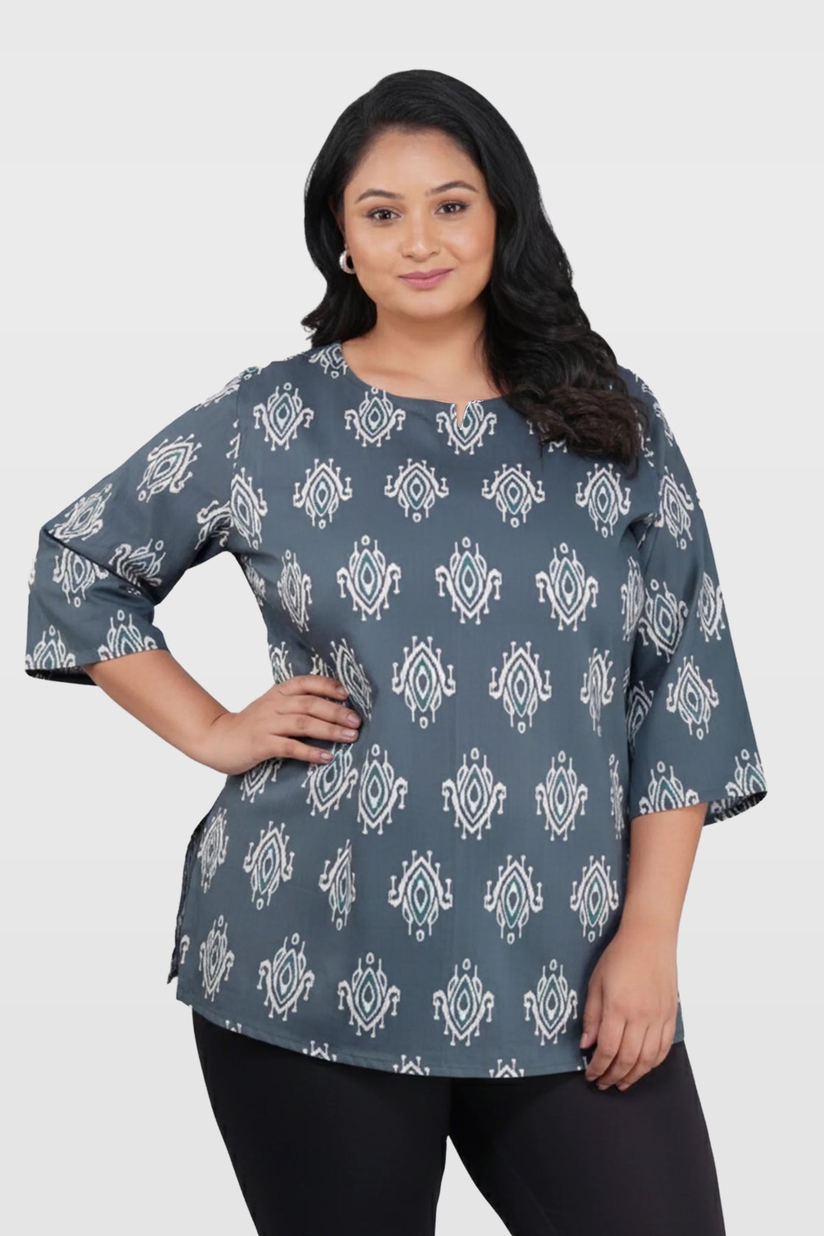 Grey Plus Size Cotton Printed Kurti