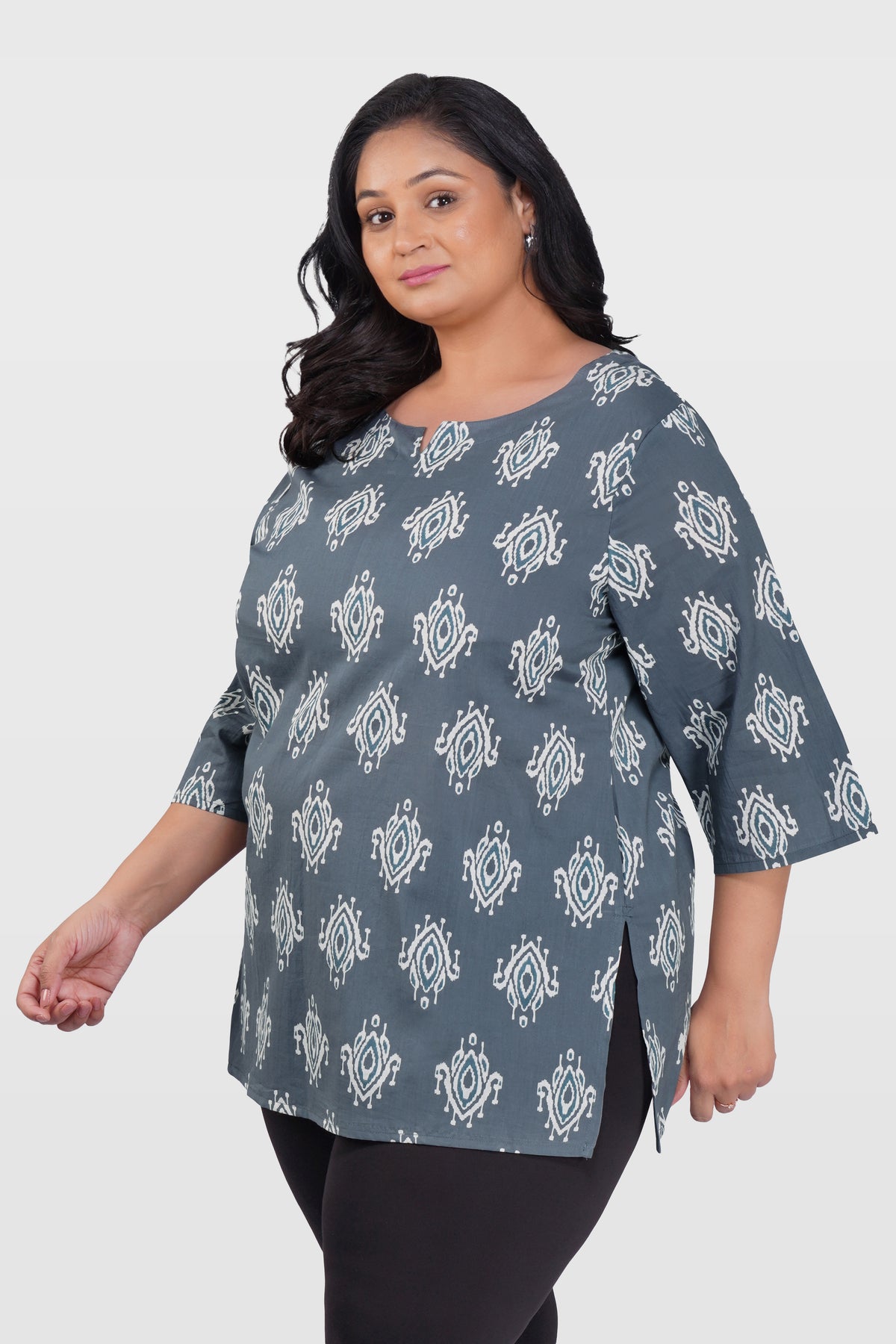Grey Plus Size Cotton Printed Kurti