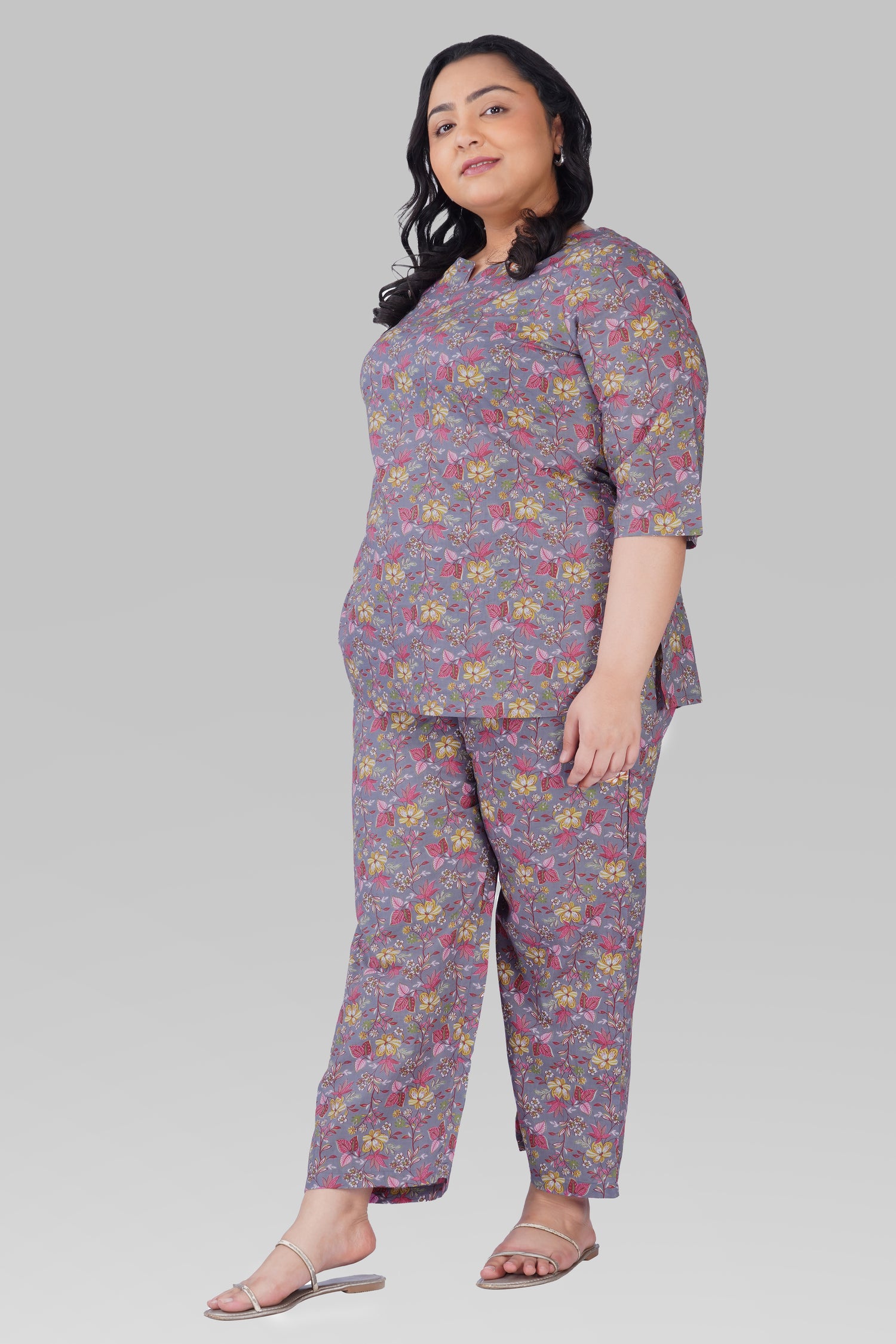 Grey Plus Size Cotton Printed Pyjama Set